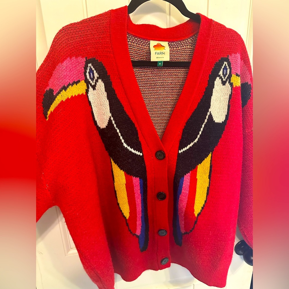 Over- sized funky red Farm Rio cardigan sweater with big black resin buttons.